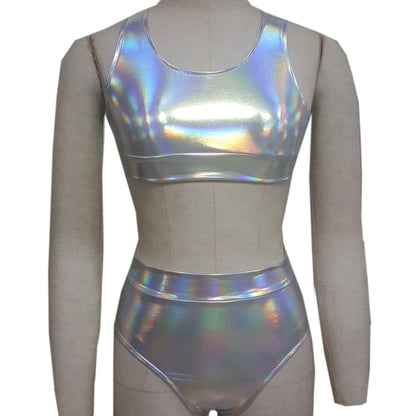 Conjuntos de Top corto holográfico, conjuntos de 2 piezas con láser, ropa fetival Rave, camiseta sin mangas con holograma, pantalones cortos de cintura alta, pantalones cortos de Bikini