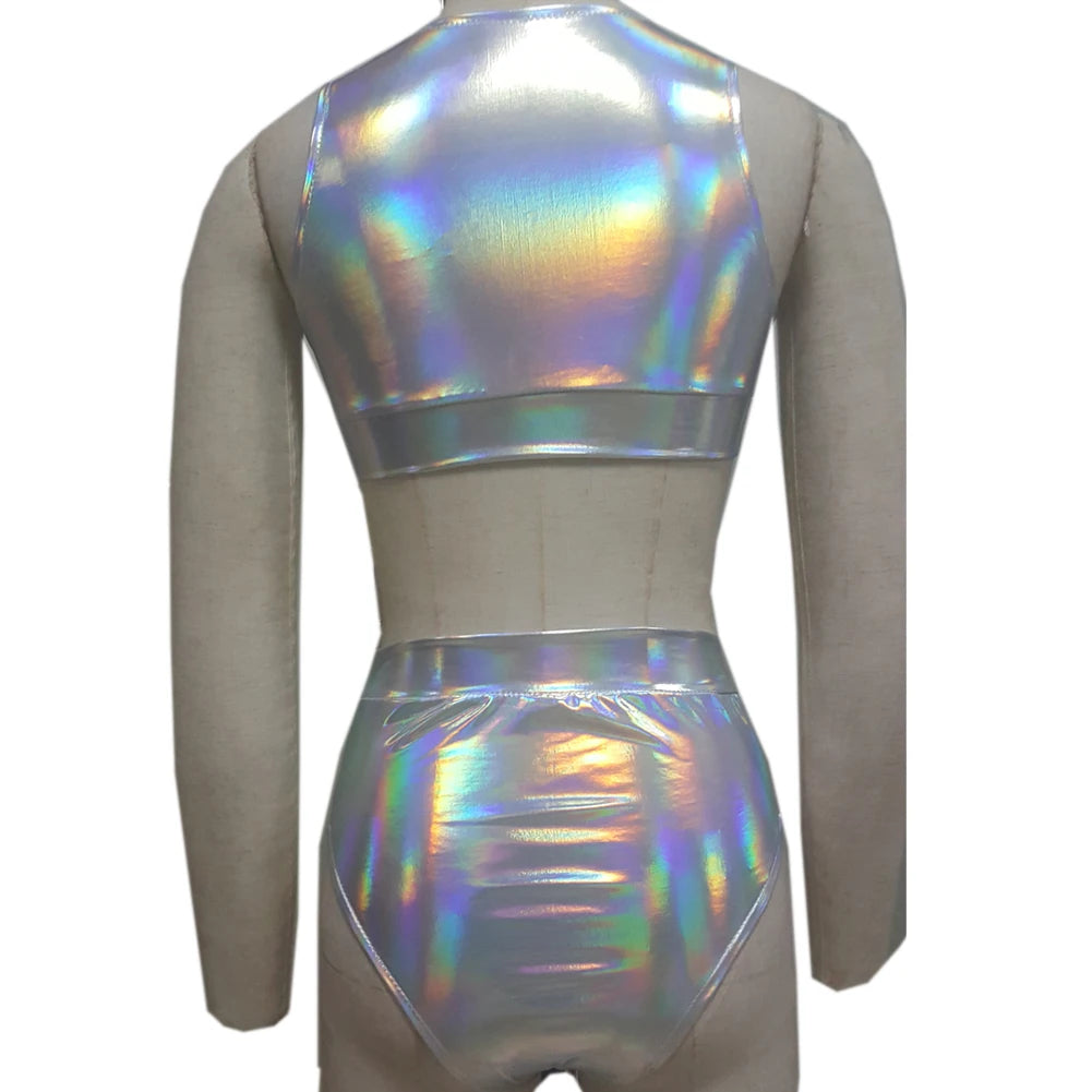 Conjuntos de Top corto holográfico, conjuntos de 2 piezas con láser, ropa fetival Rave, camiseta sin mangas con holograma, pantalones cortos de cintura alta, pantalones cortos de Bikini